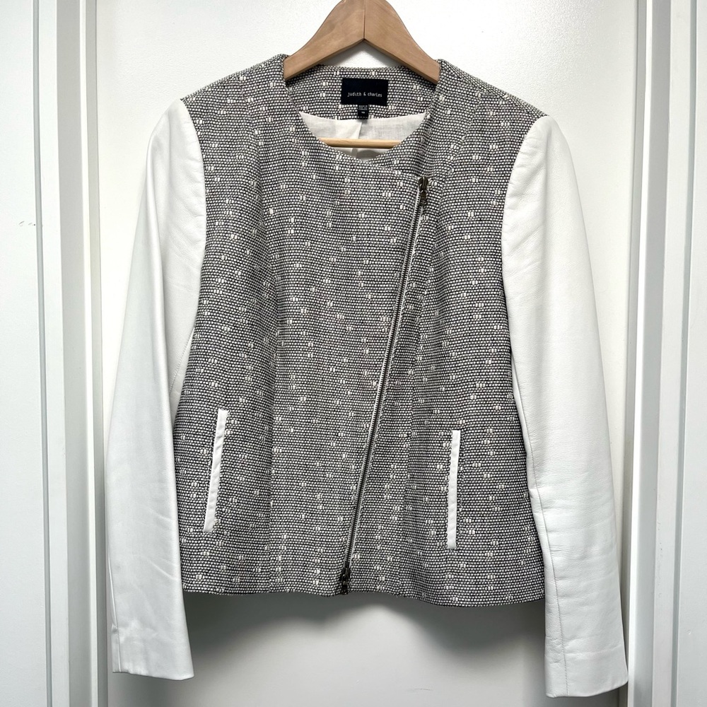 St. John Collection Tweed & Leather Asymmetrical Zip Jacket - White/Gray